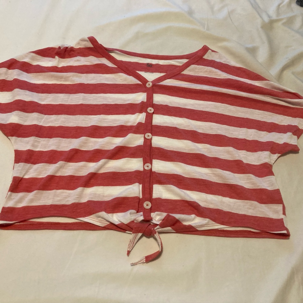 SO Burnout Pink & White Striped Shirt Button Up Tie Front Size Large